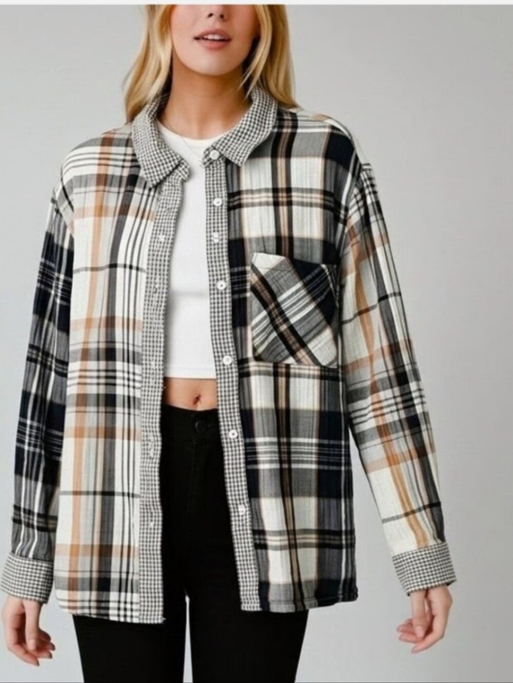 Aerie Plaid Button-Up Flannel Black, Cream & Brown Size XS